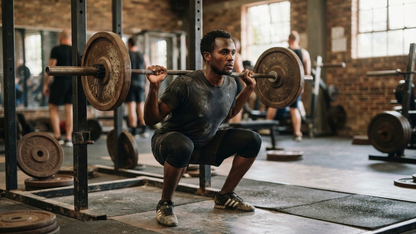 Focused lifter mid-rep in iron gym