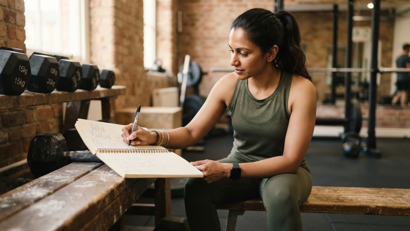 An athlete logging workout in gym